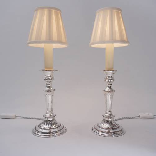 Pair Antique Sheffield silver plate candlestick table lamps, 1920`s ca, English